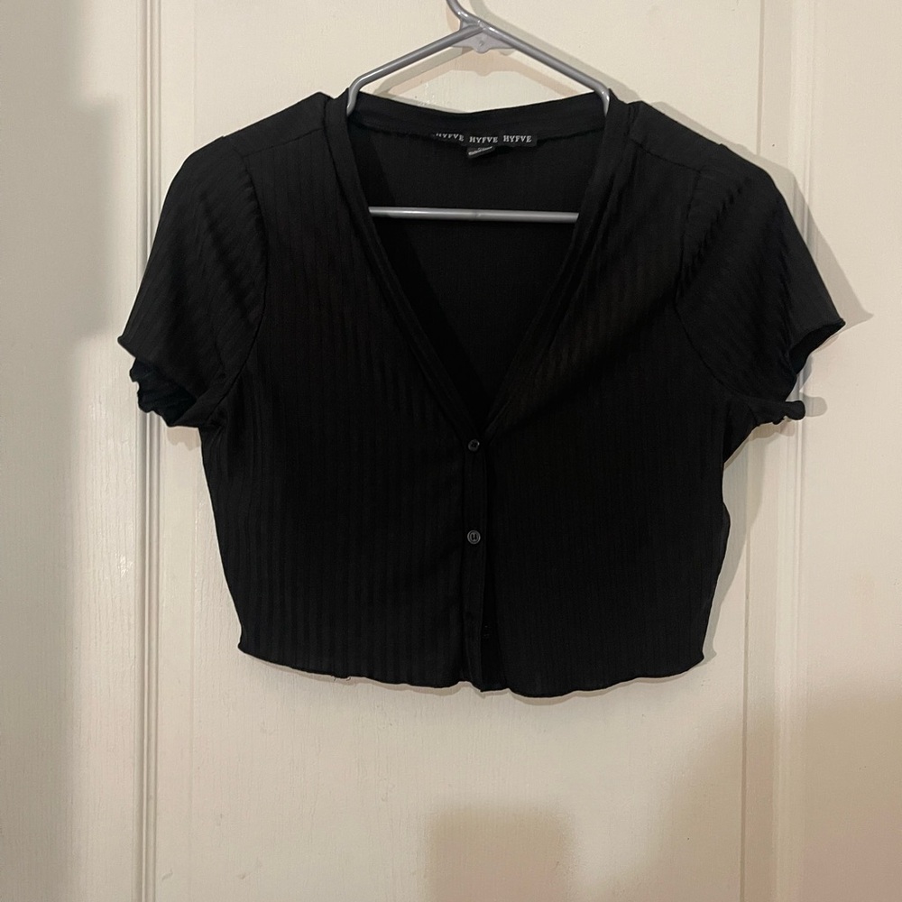 HYFVE Black Ribbed Crop Button Down Shirt